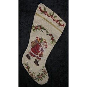 VTG Needlepoint Wool Santa Holly & Berries Christmas Stocking Green Velvet Back